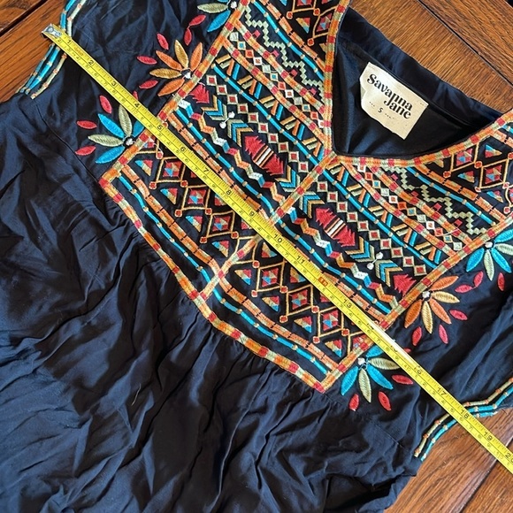 Savannah Jane Embroidered Black Midi Shirt Sleeve Dress Tiered Ruffle Small - Picture 5 of 8